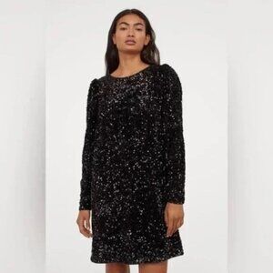 H&M Black Sequin Long Sleeves Party Mini Dress